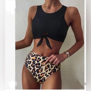 2 piece Women’s Black & Leopard High Waisted & High Neck Bikini, Sm